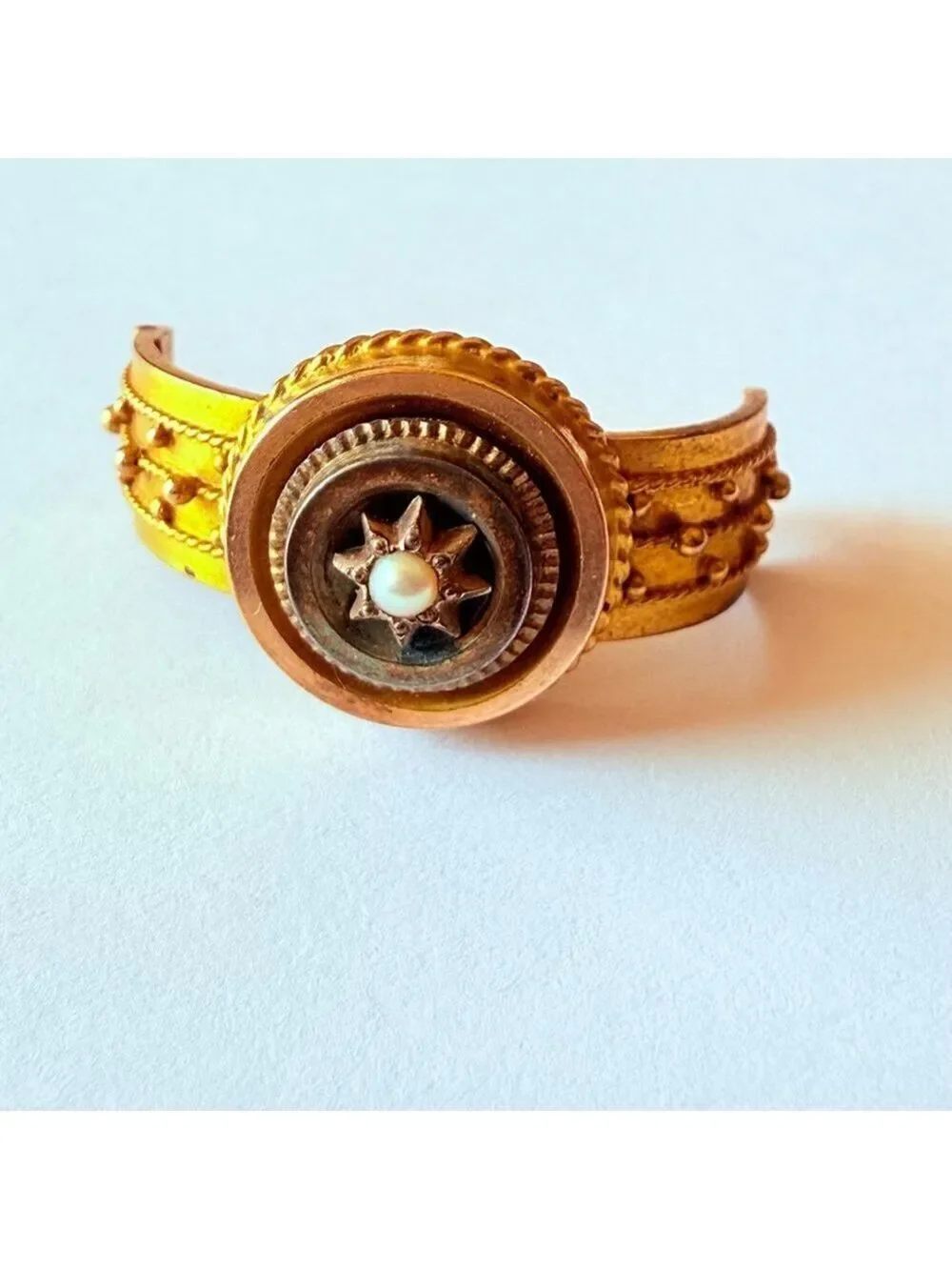 14K Solid Gold Antique Victorian Etruscan Revival Pearl Octagram Star Pin/Brooch